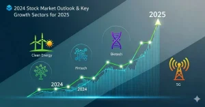 A futuristic corporate infographic showing a rising stock graph from 2024 to 2025. Surrounding the graph are four icons representing key growth sectors: