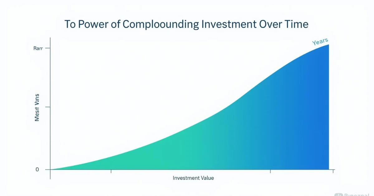 Graph showing exponential investment growth over time, illustrating the power of compounding with years on the x-axis and value on the y-axis