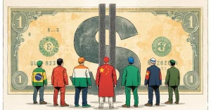 An editorial illustration depicting the BRICS countries, plus potential new members, facing the U.S. dollar.
