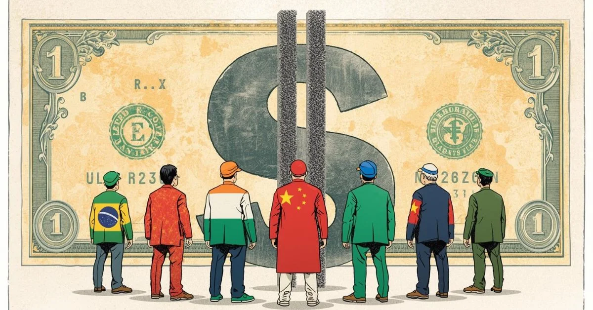 An editorial illustration depicting the BRICS countries, plus potential new members, facing the U.S. dollar.