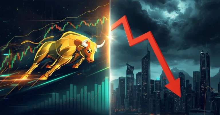 Illustration of the 2025 stock market showing a bullish uptrend with a charging bull on one side and a market correction with falling red charts on the other, symbolizing financial contrasts.