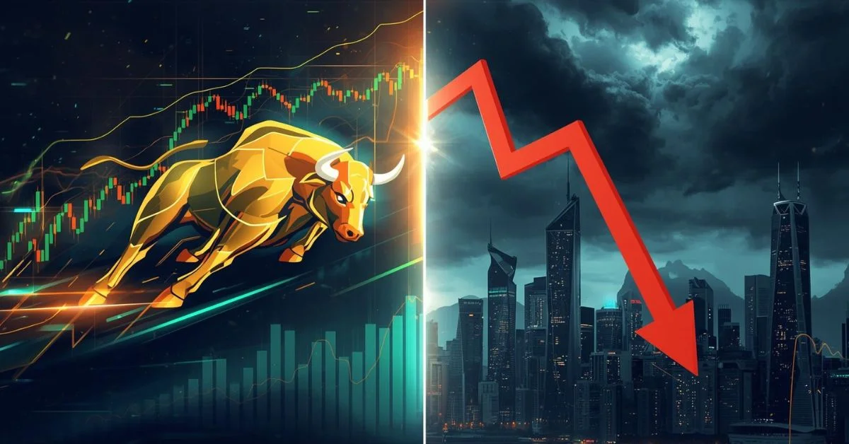 Illustration of the 2025 stock market showing a bullish uptrend with a charging bull on one side and a market correction with falling red charts on the other, symbolizing financial contrasts.