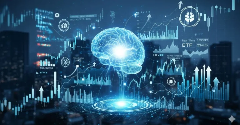 Futuristic AI brain with stock charts, ETFs, and financial data representing AI investing trends and opportunities.