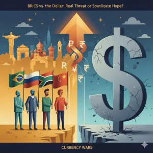 An illustration depicting global economic tension between the BRICS nations and the U.S. dollar.