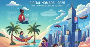 Digital nomads in 2025 working remotely on laptops while traveling, with beach, city,