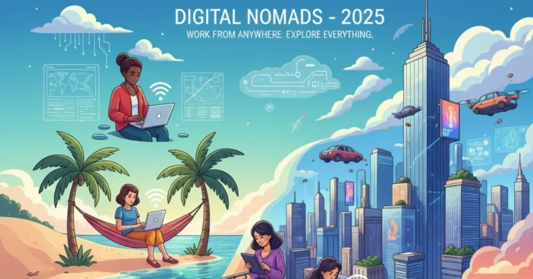Digital nomads in 2025 working remotely on laptops while traveling, with beach, city,
