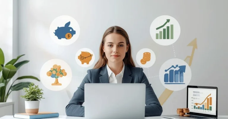 A person managing finances using digital tools, symbolizing automation, saving, investing, tracking, and debt management for long-term financial stability.