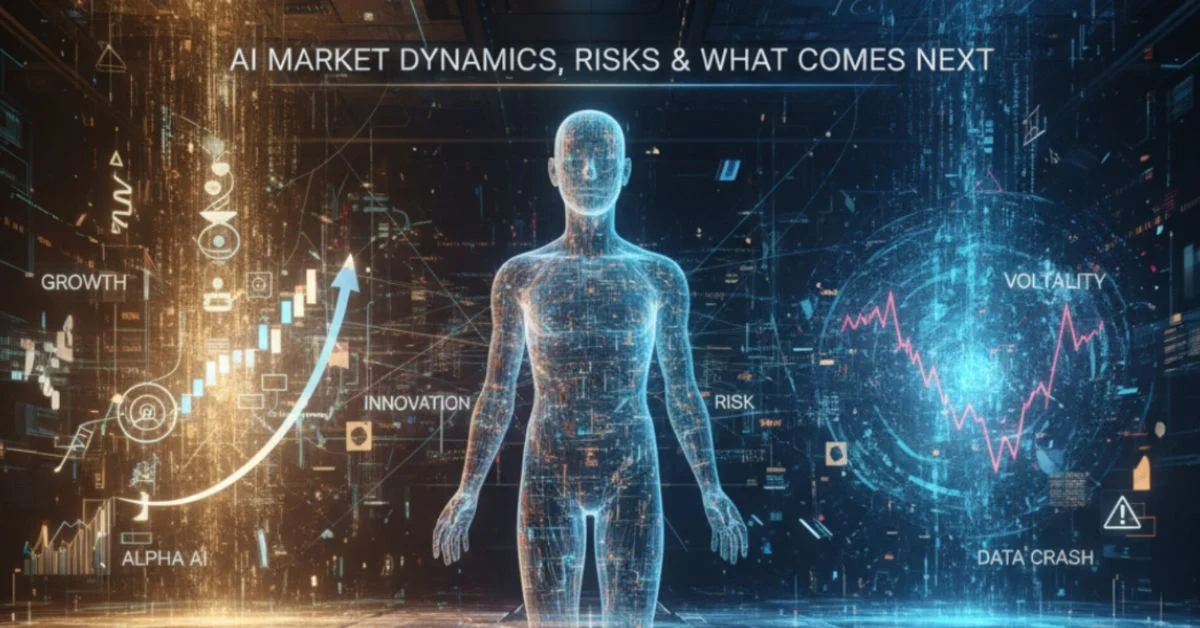3D render of a glowing AI figure standing between bright golden financial growth symbols and dark red data storms, representing the balance of innovation, risk, and the future of AI market dynamics.