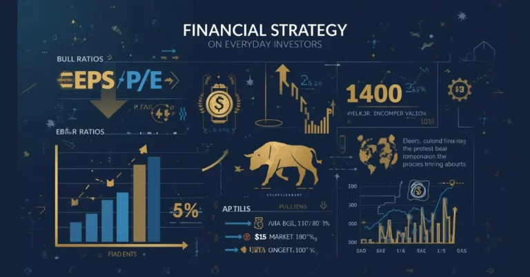 Infographic illustrating stock valuation, EPS, P/E ratios, dividends, and bull vs. bear market strategies for investors.