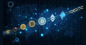 Evolution of cryptocurrency from cypherpunks to Bitcoin and Ethereum on a blockchain background.