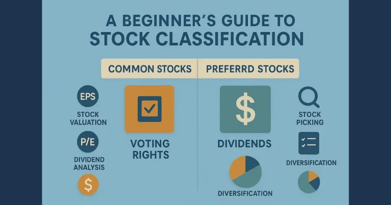 Infographic comparing common vs preferred stocks with valuation and stock picking tips.