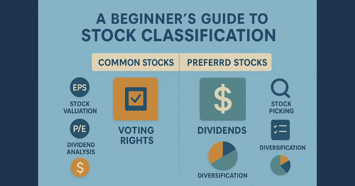 Infographic comparing common vs preferred stocks with valuation and stock picking tips.
