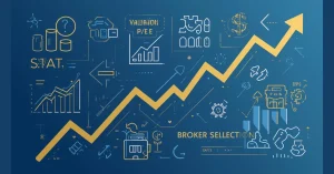 Infographic showing stock market basics shares, stock classes, valuation methods, and broker selection tips for beginners.