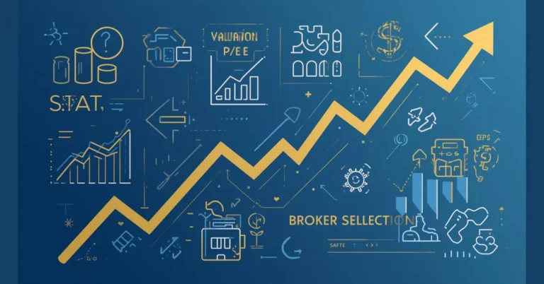 Infographic showing stock market basics shares, stock classes, valuation methods, and broker selection tips for beginners.