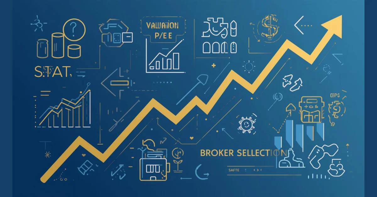 Infographic showing stock market basics shares, stock classes, valuation methods, and broker selection tips for beginners.