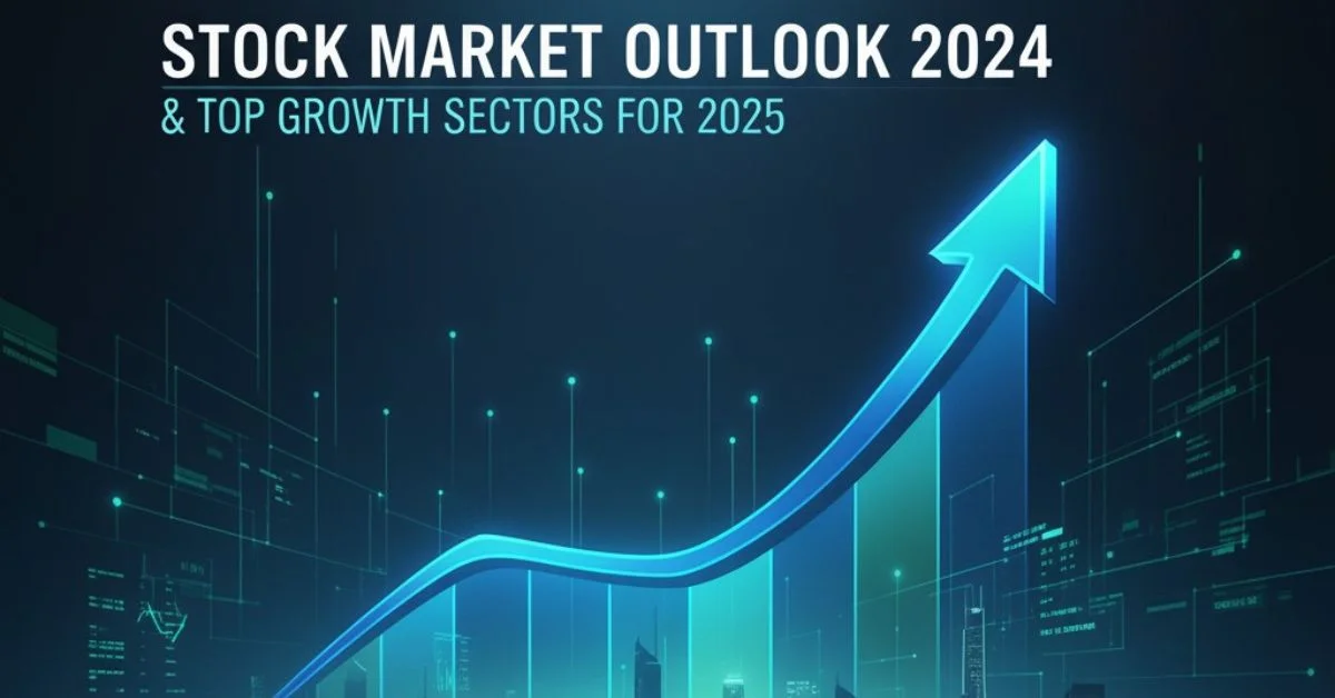 stock market chart with visuals of clean energy, biotech, fintech, and 5G sectors