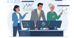 Investors of different ages reviewing financial charts and portfolios, symbolizing long-term investment growth and resilience.