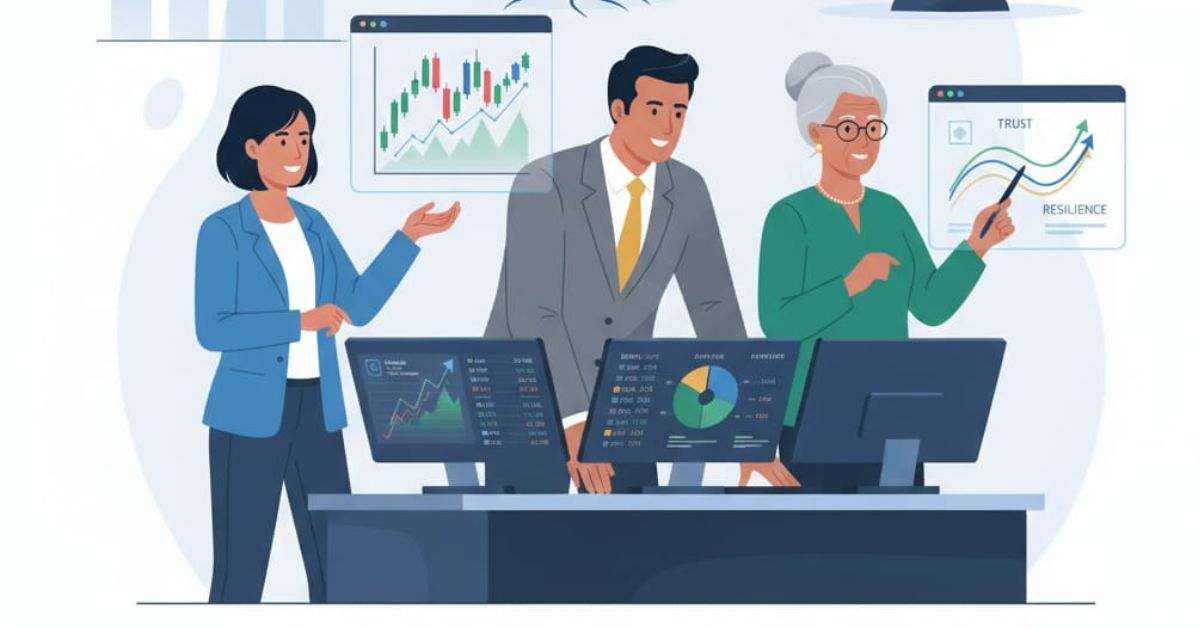 Investors of different ages reviewing financial charts and portfolios, symbolizing long-term investment growth and resilience.