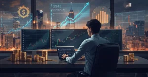 Young investor analyzing stock charts on computer screens with holographic financial data and city skyline background.