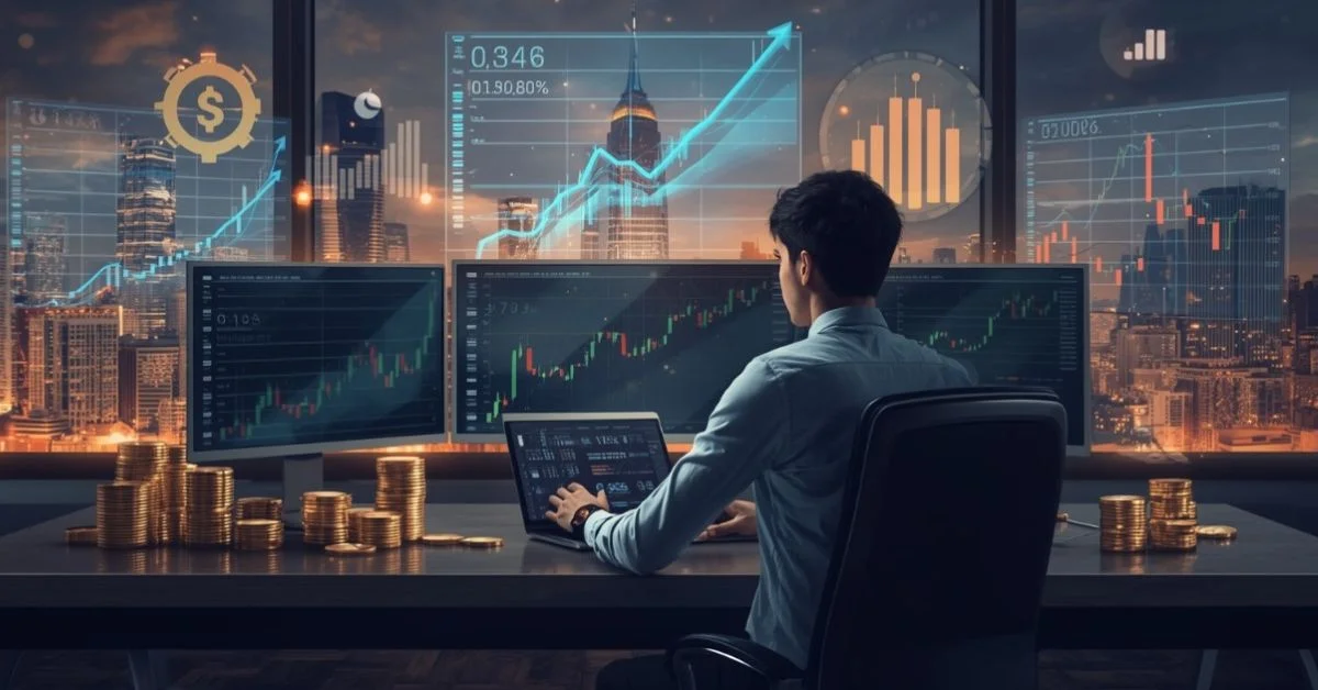 Young investor analyzing stock charts on computer screens with holographic financial data and city skyline background.