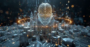 3D render of a futuristic AI head made of glass and circuitry emerging over a glowing digital city skyline