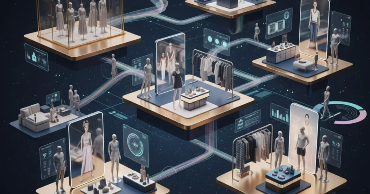 3D render of a futuristic fashion and lifestyle marketplace with luxury boutiques, athleisure and beauty stores connected by glowing data s